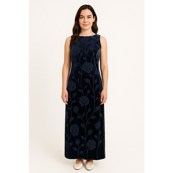 Rhapsody 90s Blue Floral Velvet Sleeveless Maxi Dress Size 14‎ Boho Fairy Grunge - Picture 1 of 10